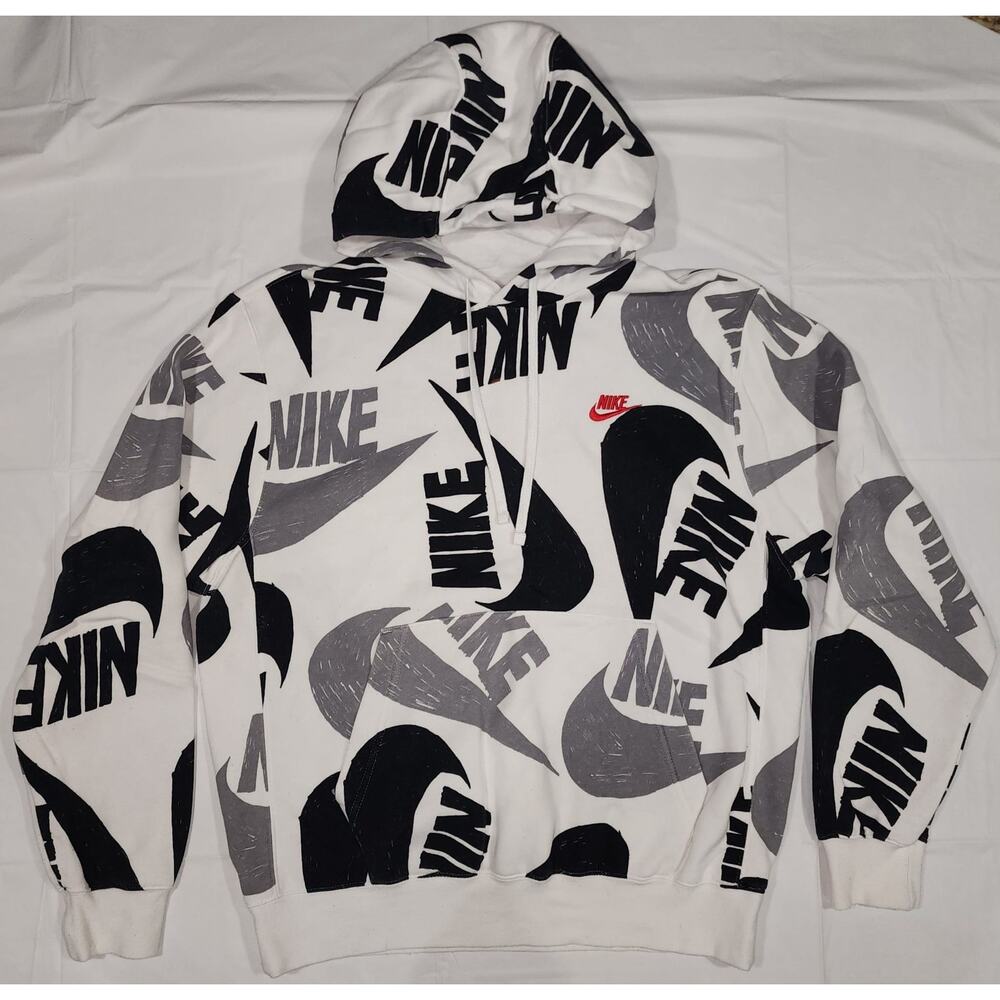 Nike Hoodie Mens M White Allover Swoosh Graphic Pullover CJ6312-010 Fleece